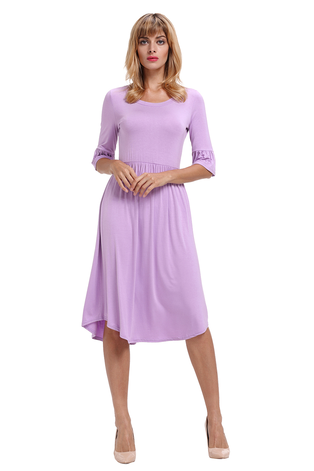 BY61652-8 Purple Ruffle Sleeve Midi Jersey Dress